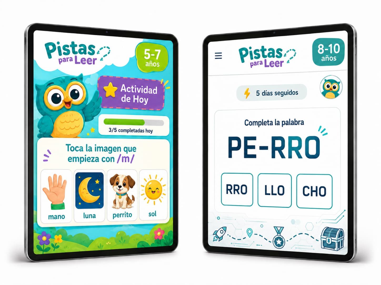 Dos tablets mostrando la app Pistas para Leer: versión para 5-7 años con actividad de sonidos y versión para 8-10 años completando sílabas