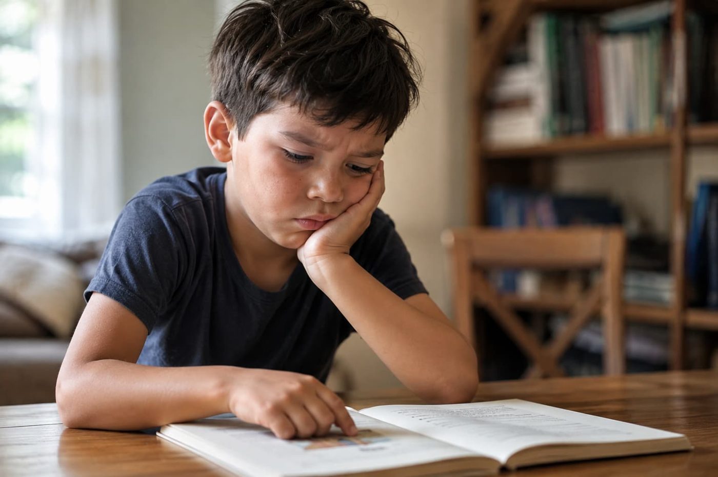 Niño pensativo frente a un libro abierto, sin poder decodificar las palabras