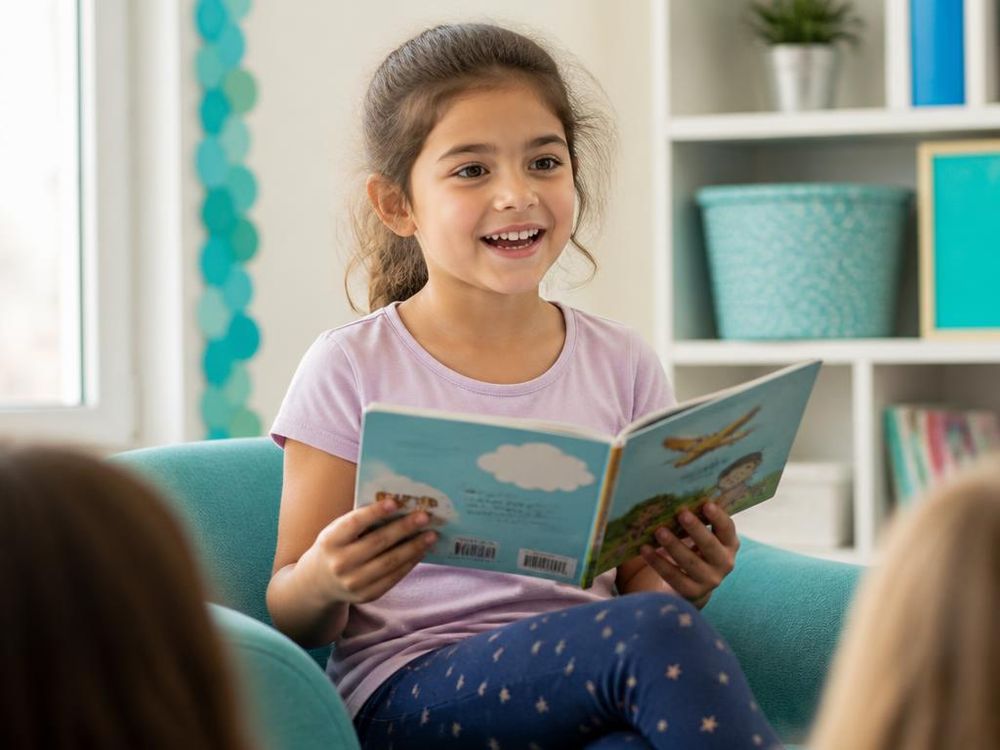 Niña leyendo en voz alta con confianza y una sonrisa